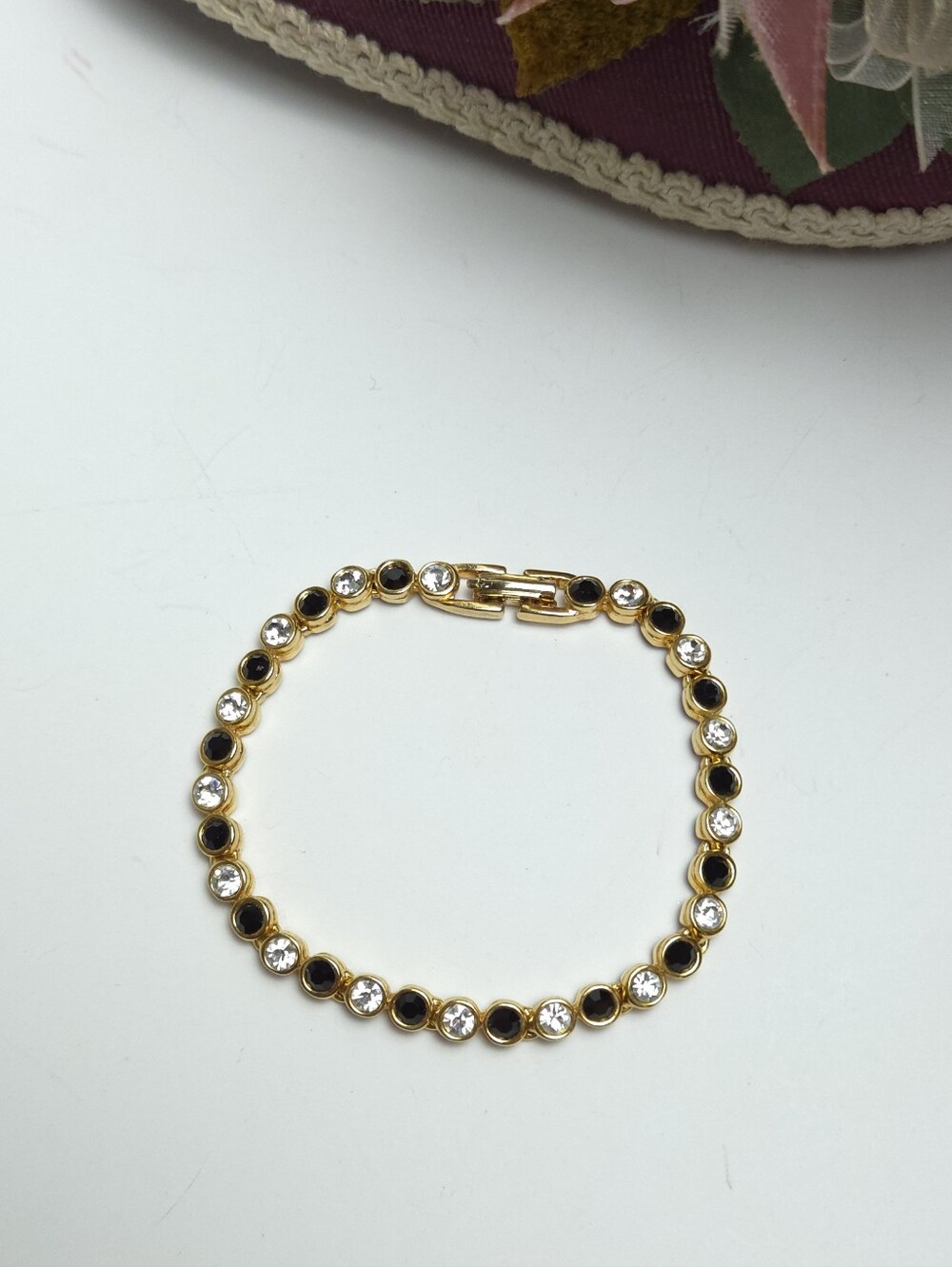 Vintage Black & Clear Crystal Gold Tone Bracelet Art Deco Style